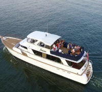 Birds eye view of a group of people on the deck of a yacht